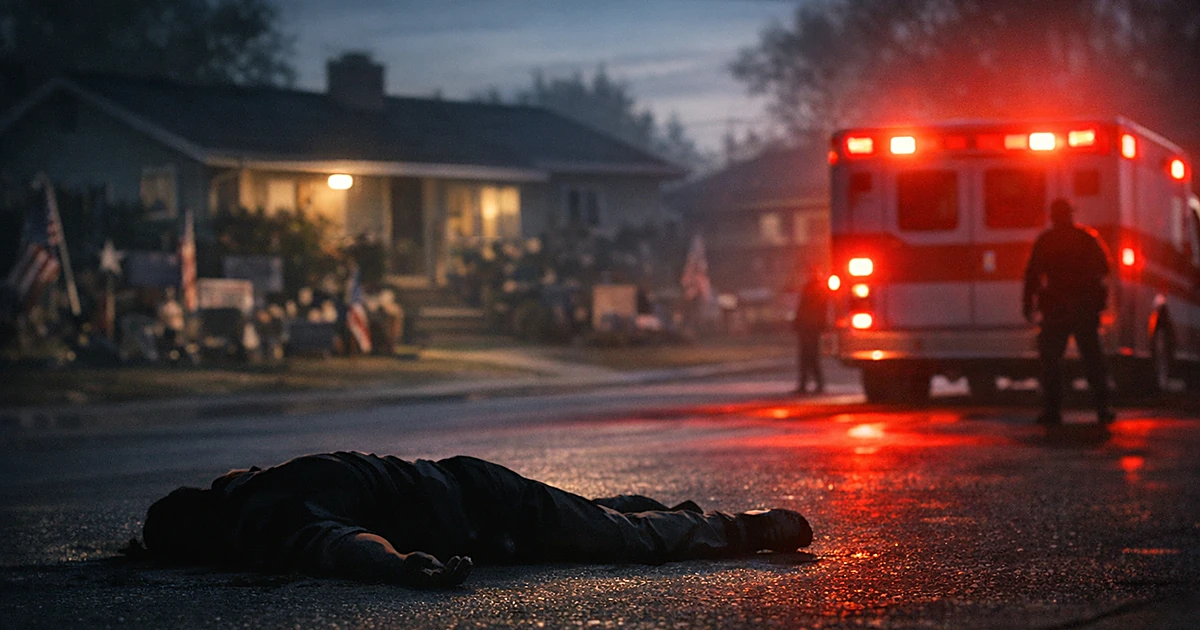 Silhouetted figure on suburban street with emergency vehicle lights illuminating a decorated residential property