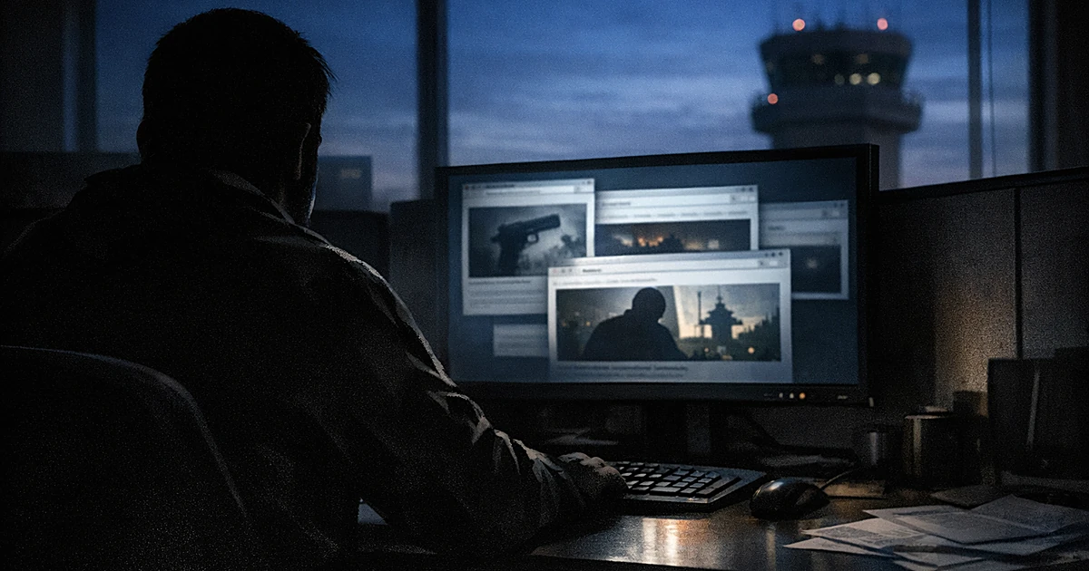 Dark office cubicle with glowing computer monitor and silhouetted figure, air traffic control tower visible through window