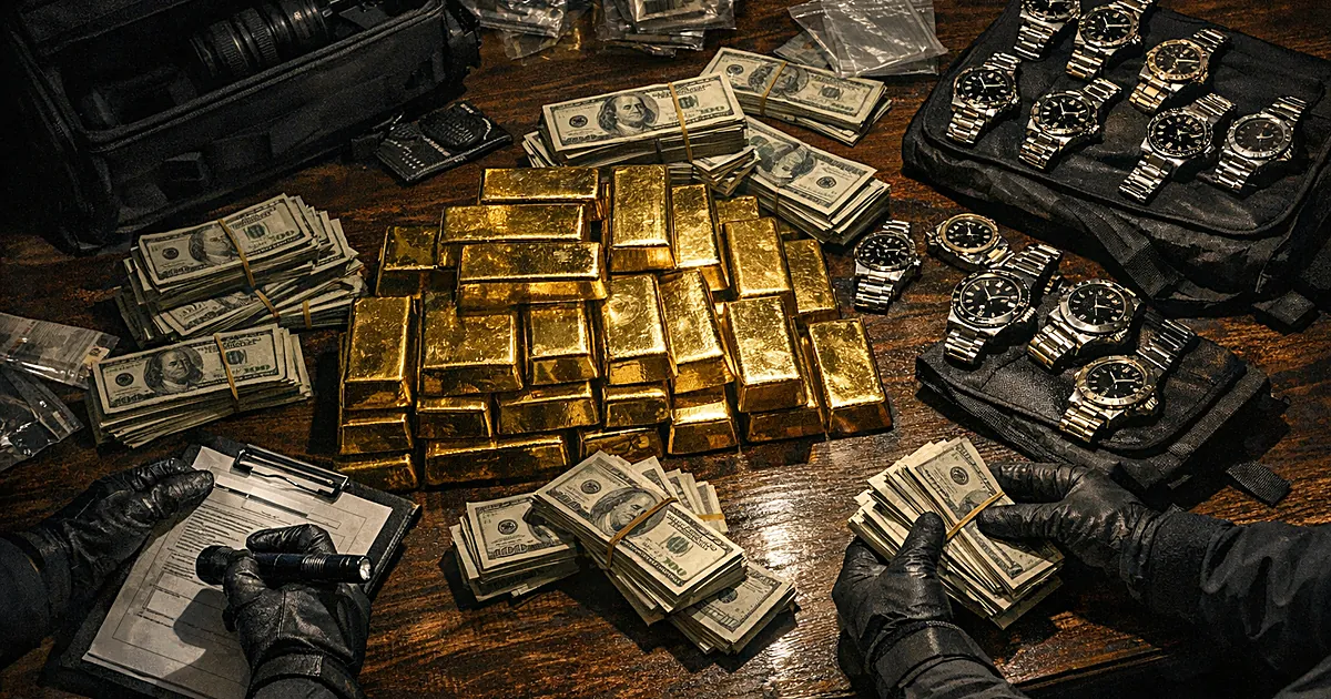 Overhead view of gold bars, cash bundles, and luxury watches being documented by gloved hands on a dark table
