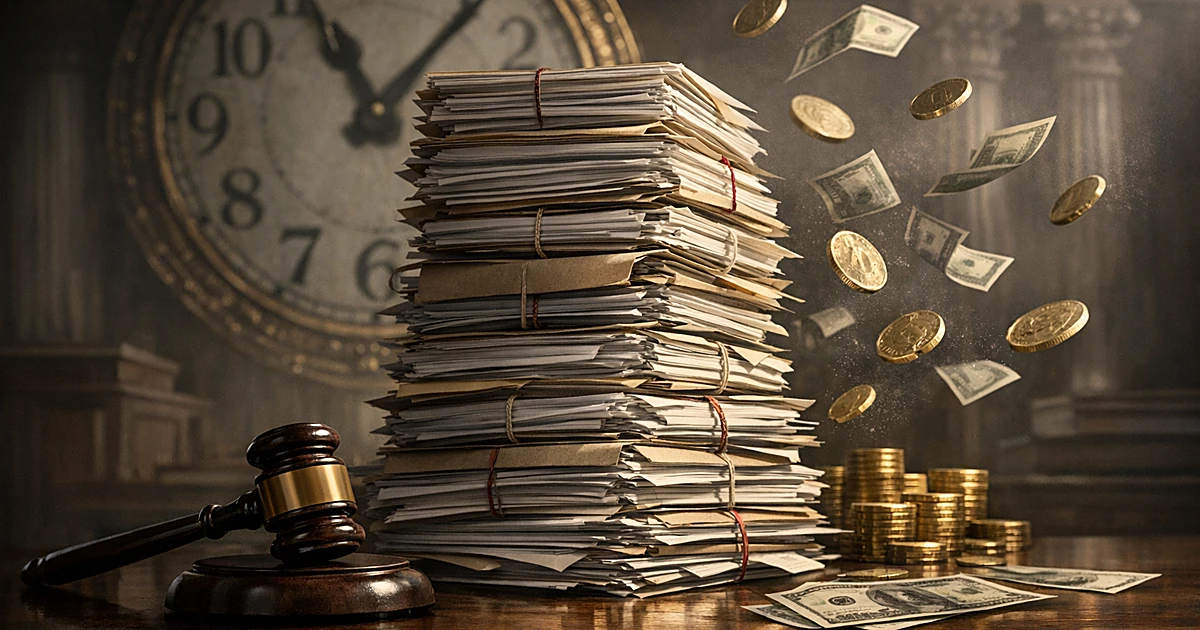 Stack of legal documents with gavel and suspended money illustrating delayed court payment