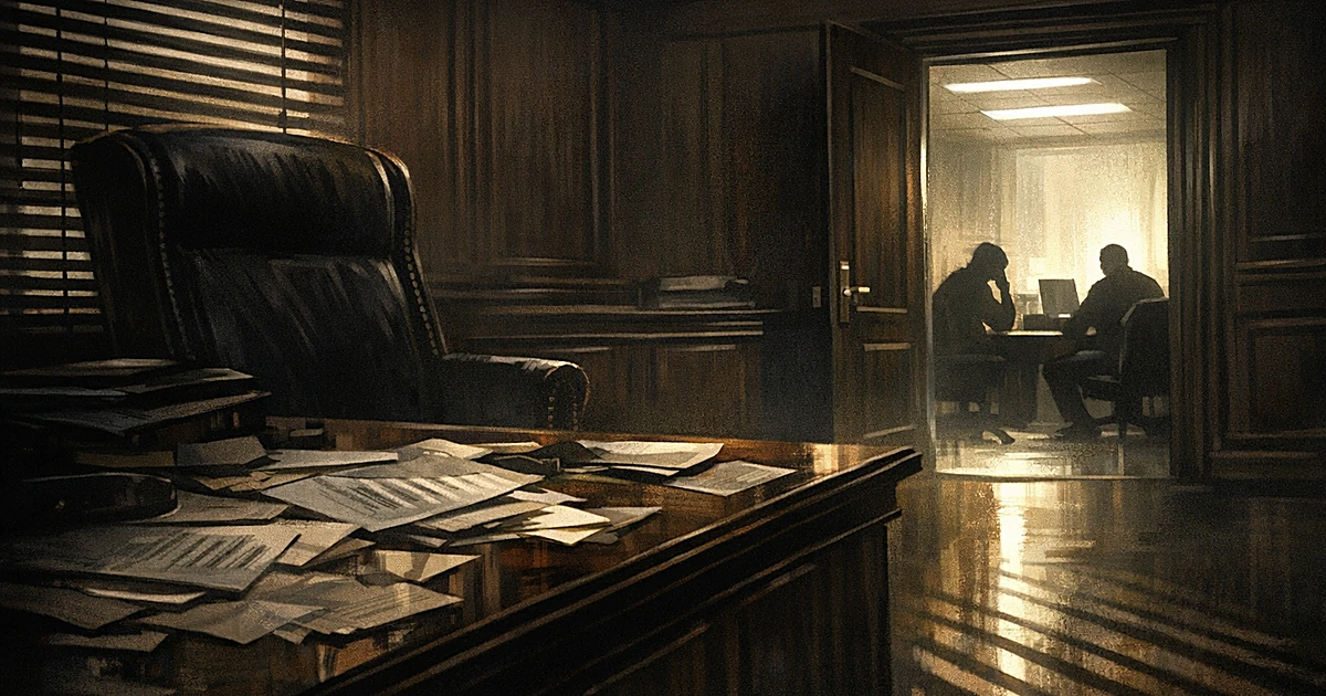 Dark courthouse chamber with judge's bench in shadow, silhouettes of clerks visible through lit doorway