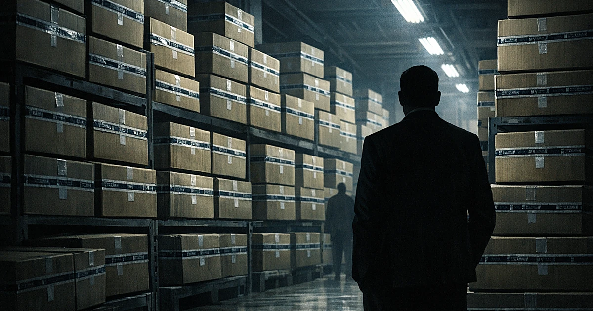 Silhouetted figure viewing rows of sealed evidence boxes in a federal storage facility with harsh overhead lighting