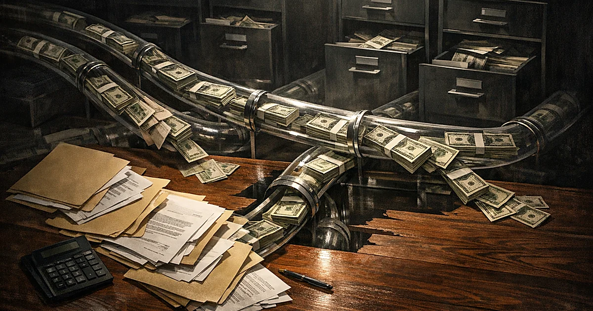 Cash flowing through transparent pipes beneath scattered documents and folders on a desk, suggesting hidden financial channel