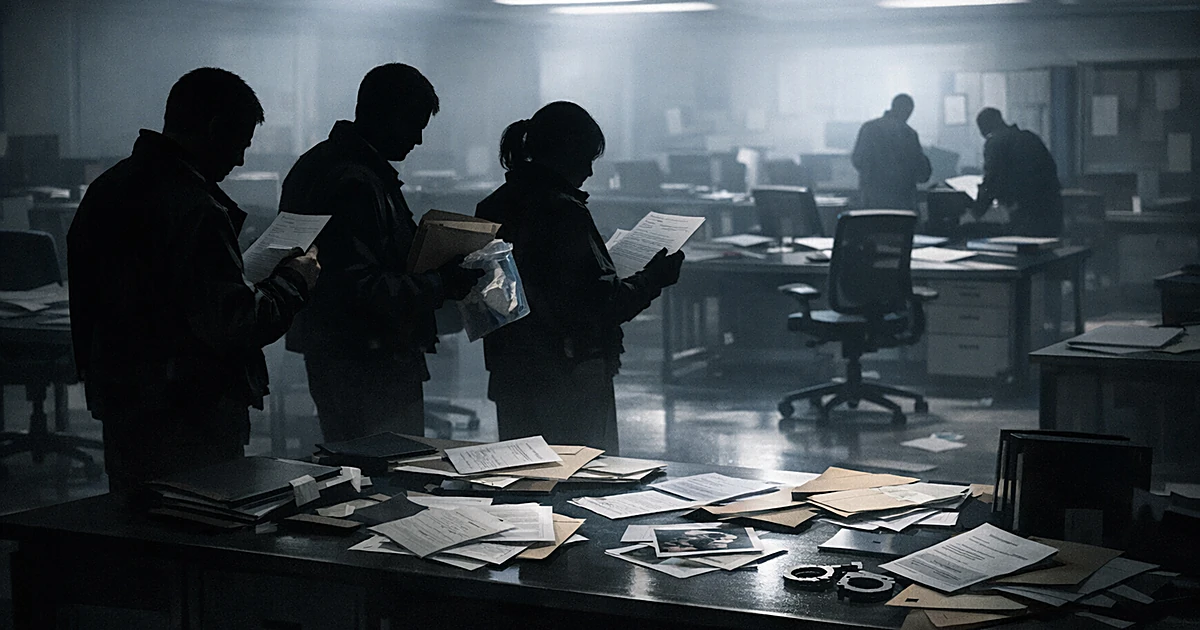 Silhouetted investigators examining documents at empty desks in institutional office with scattered files