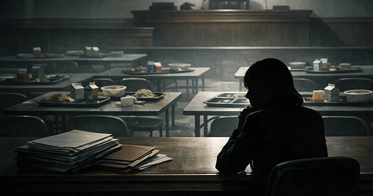 Silhouetted figure at courtroom table with scattered empty meal trays in background representing feeding program fraud