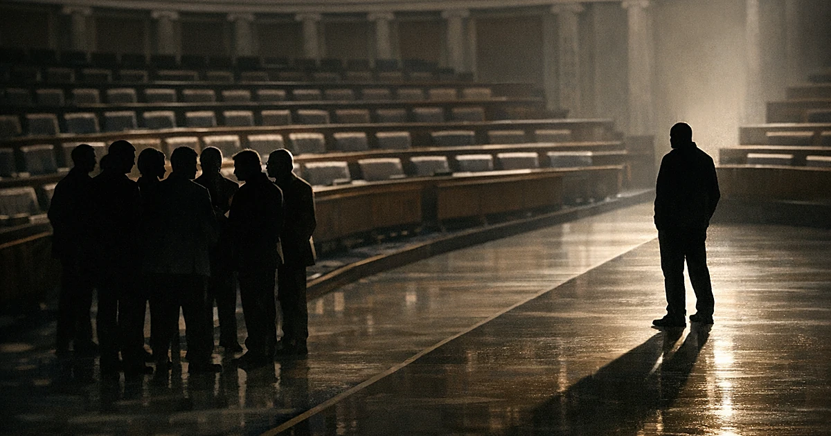 One silhouetted figure stands alone separated from a group of silhouettes in a legislative chamber