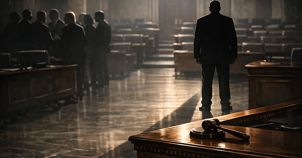 Silhouetted figure stands alone opposite a group in a legislative chamber, separated by an aisle