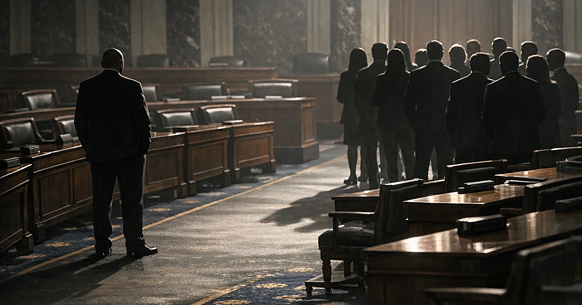 Lone figure stands apart from group of silhouettes in divided legislative chamber, emphasizing political isolation