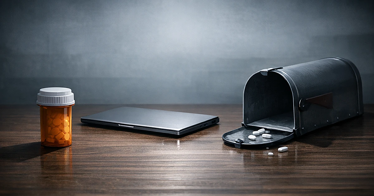 Pill bottle on table next to laptop and overturned mailbox under stark lighting suggesting disrupted mail-order access
