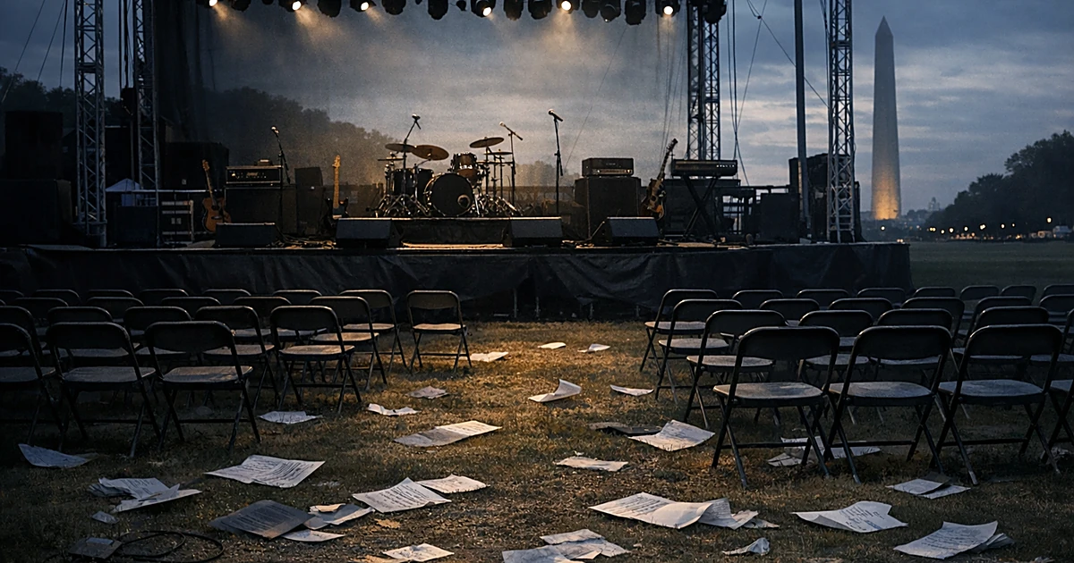 Empty concert stage with abandoned instruments and vacant chairs on lawn, papers blowing in wind