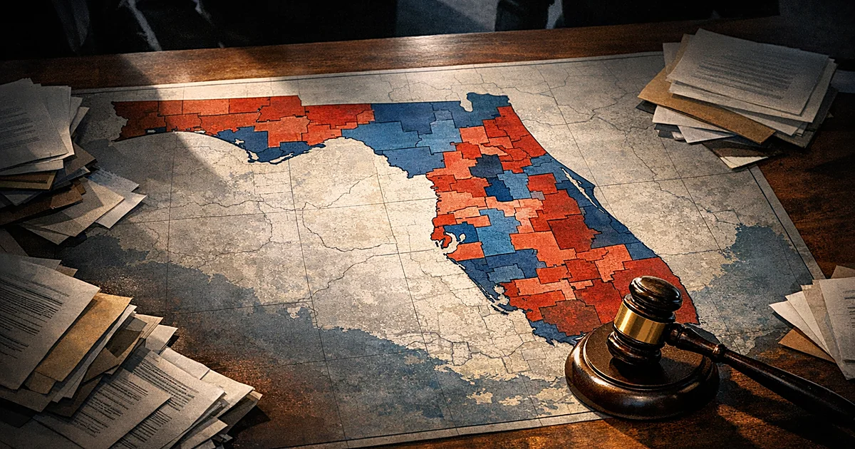 Overhead view of Florida congressional district map on table with gavel, surrounded by legal documents