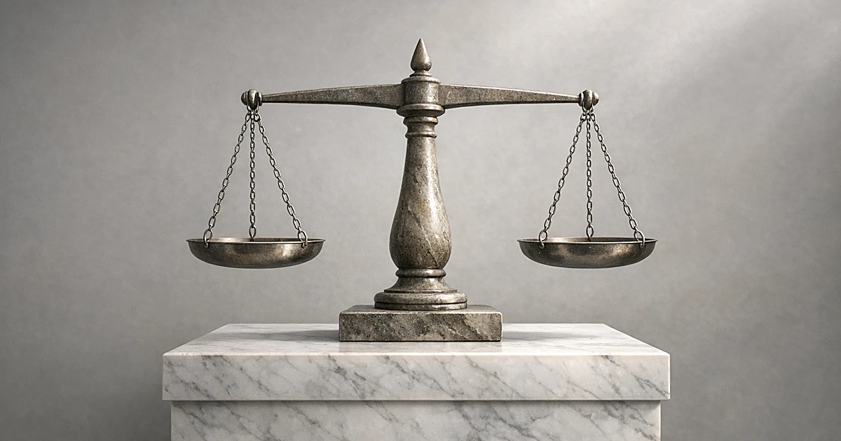 Abstract stone balance scale on marble pedestal with soft lighting representing justice and legal proceedings