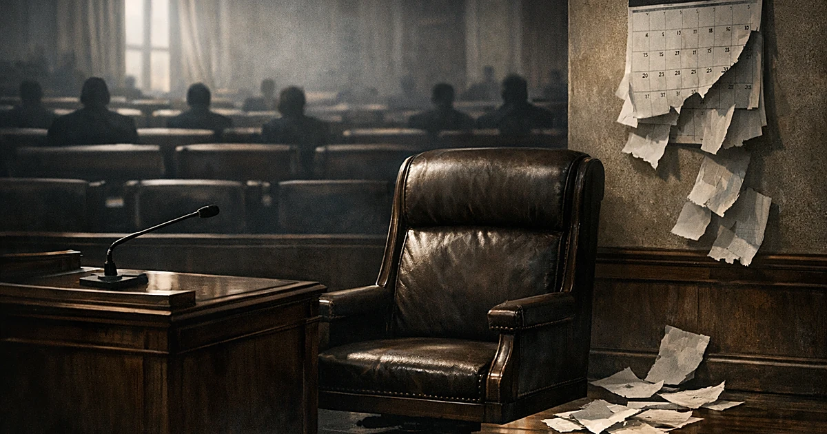 Empty congressional chair with torn calendar pages on floor, silhouettes of other members in background
