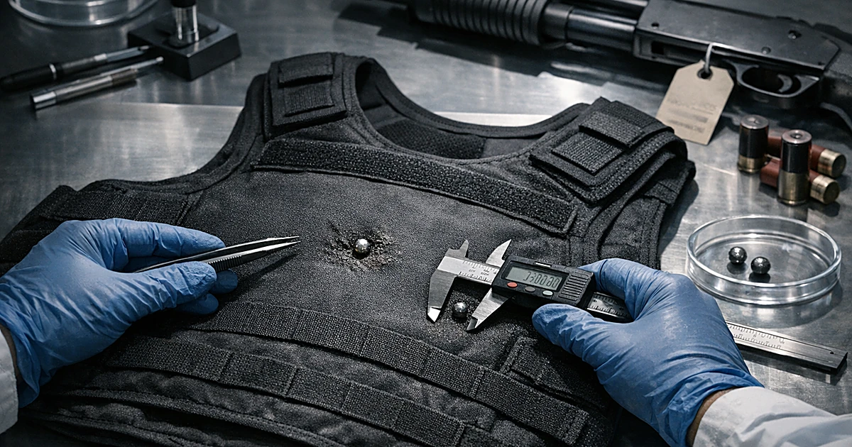 Forensic examination of bullet-resistant vest with embedded shotgun pellet on laboratory table with evidence tools