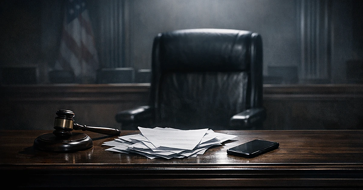 Empty judge's bench in dark courtroom with gavel and smartphone, lit by harsh overhead lights
