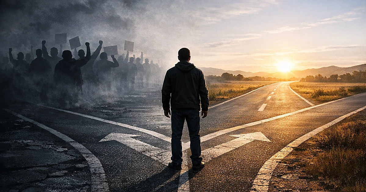 Person at crossroads between shadowy protest silhouettes and an open illuminated path ahead