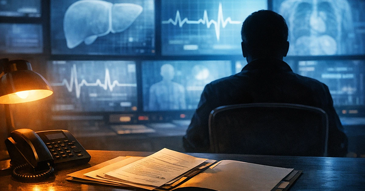 Silhouette in TV studio with monitors, telephone and medical files on desk in foreground, warm and cool lighting