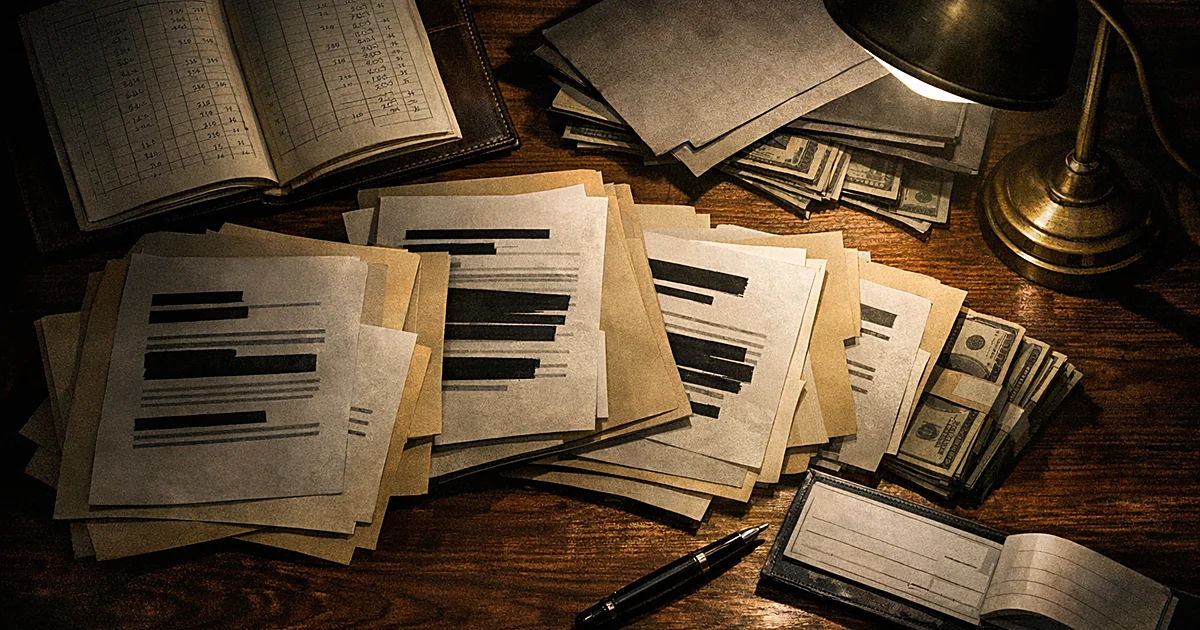 Overhead view of desk with documents, ledgers, and cash suggesting financial fraud and campaign fund misappropriation