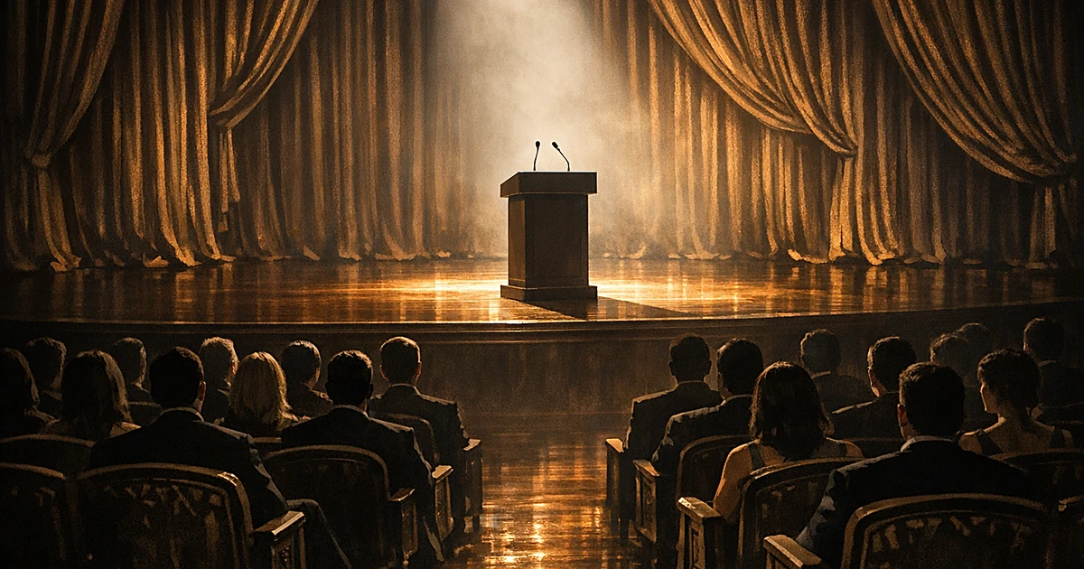 Spotlight on empty podium at formal gala with silhouetted audience members seated in theater
