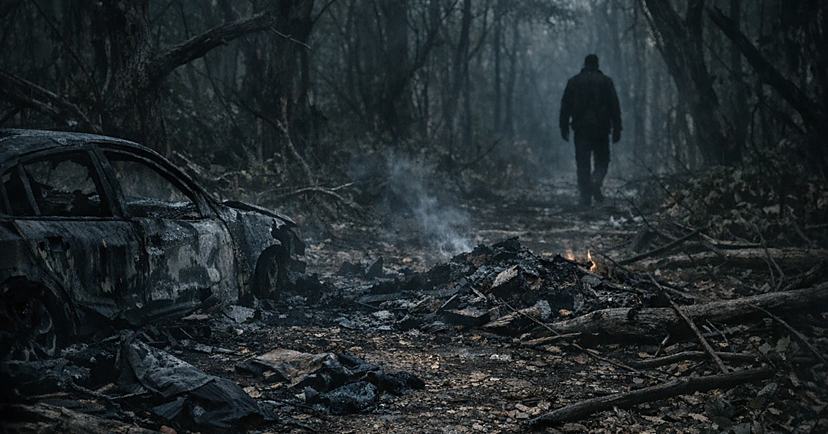 Dark wooded area with charred debris on forest floor and distant silhouette walking away through trees at dusk