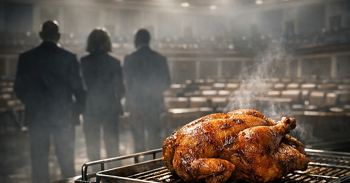 Rotisserie chicken on warming rack with silhouetted figures in legislative chamber behind it