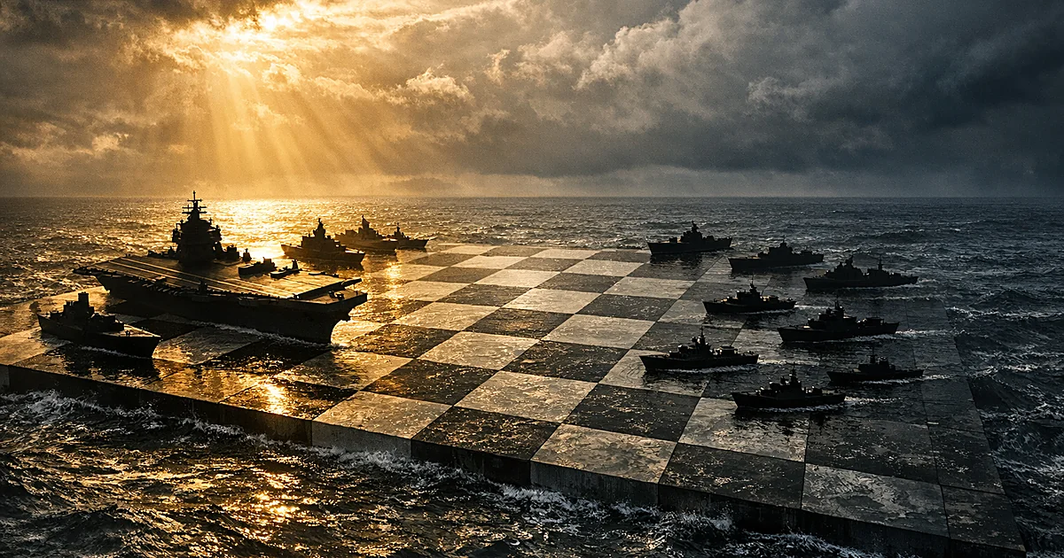 Aerial view of chess pieces shaped like naval vessels on ocean waters, showing strategic military positioning