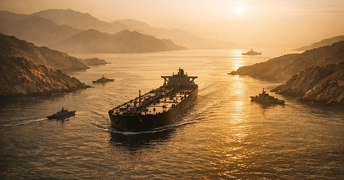 Aerial view of oil tanker navigating Strait of Hormuz with naval vessels positioned along narrow waterway