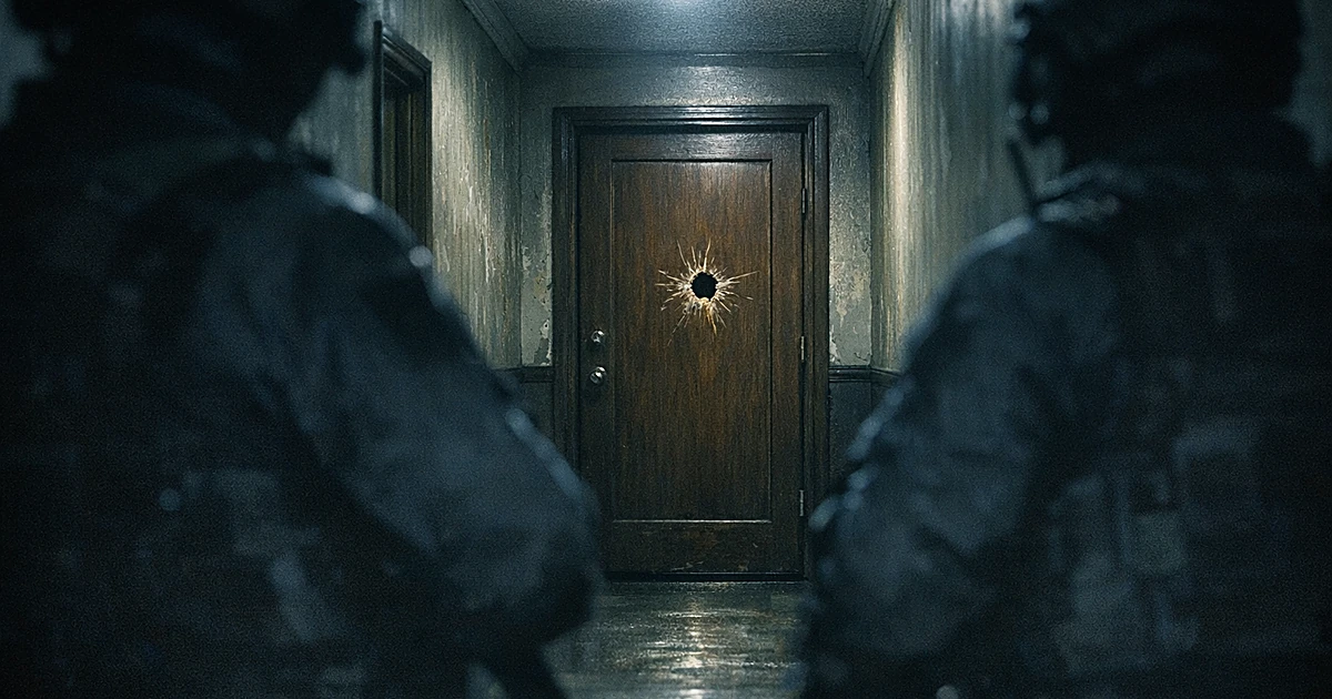 Dark apartment hallway with bullet hole in door, silhouetted figures in tactical gear shown from behind