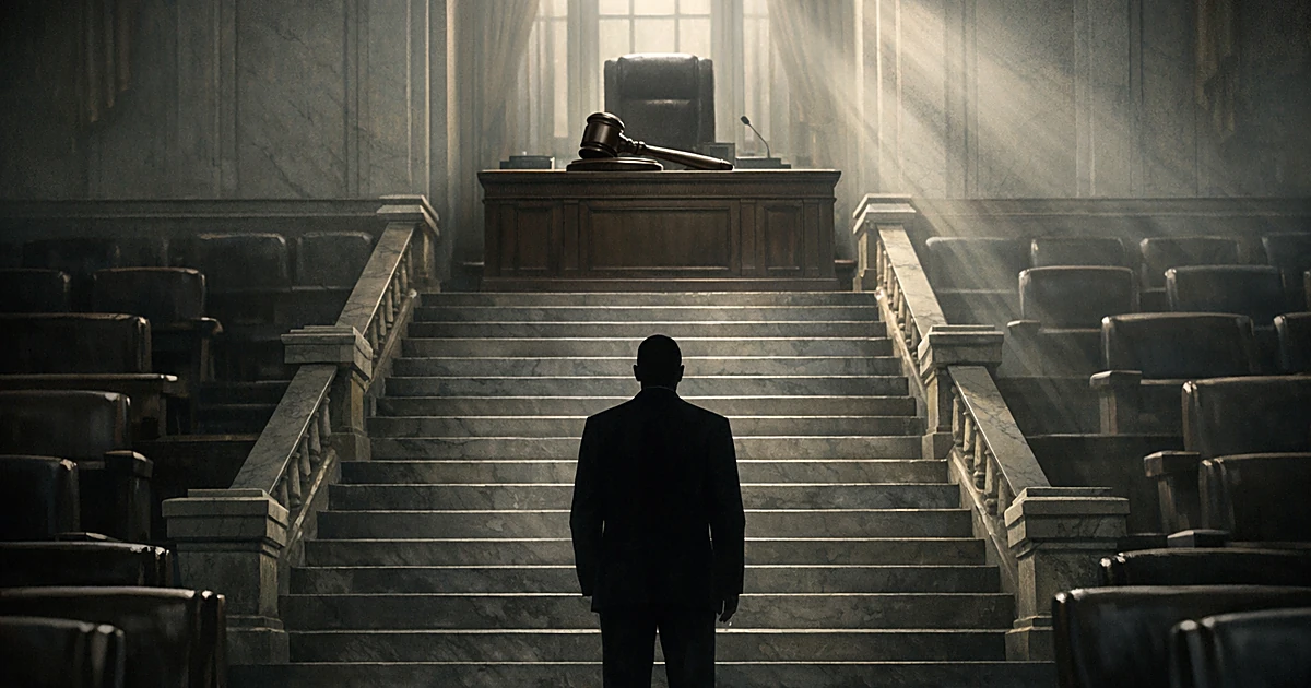 Silhouetted figure at base of staircase looking up at speaker's gavel on elevated desk in government chamber