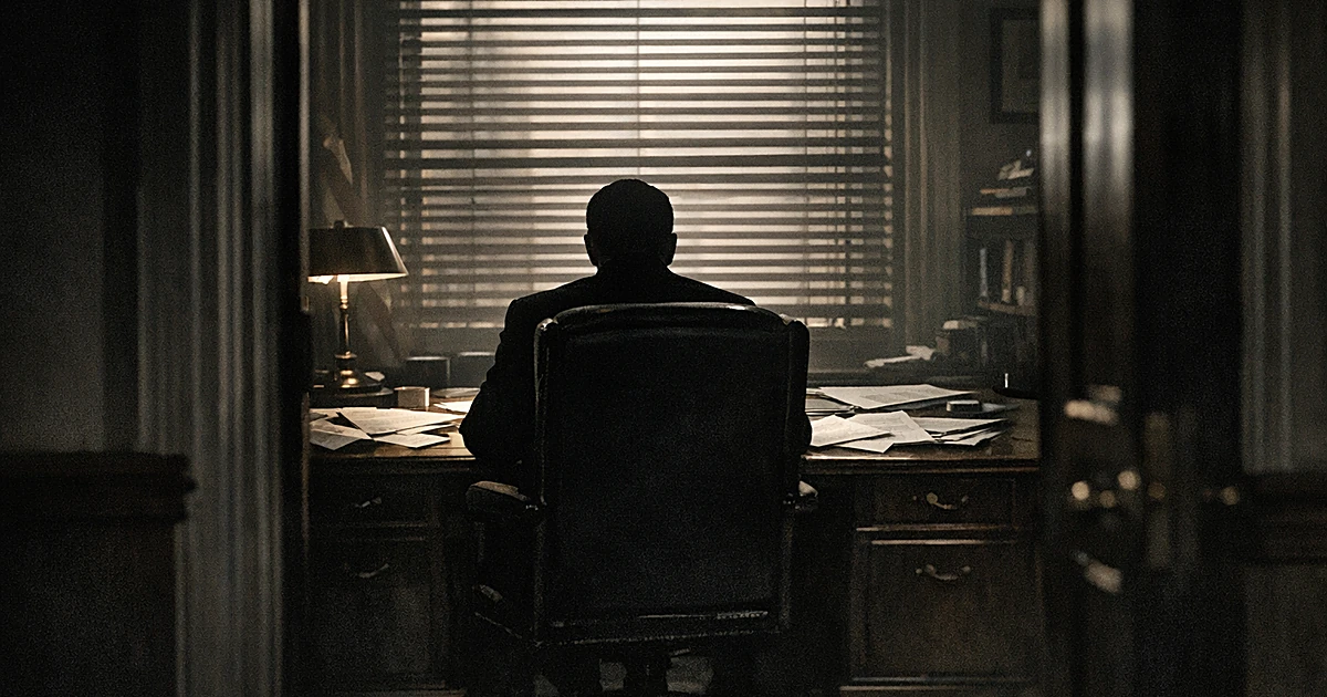 Silhouetted figure at desk in shadowy office with papers scattered and venetian blind shadows across the room