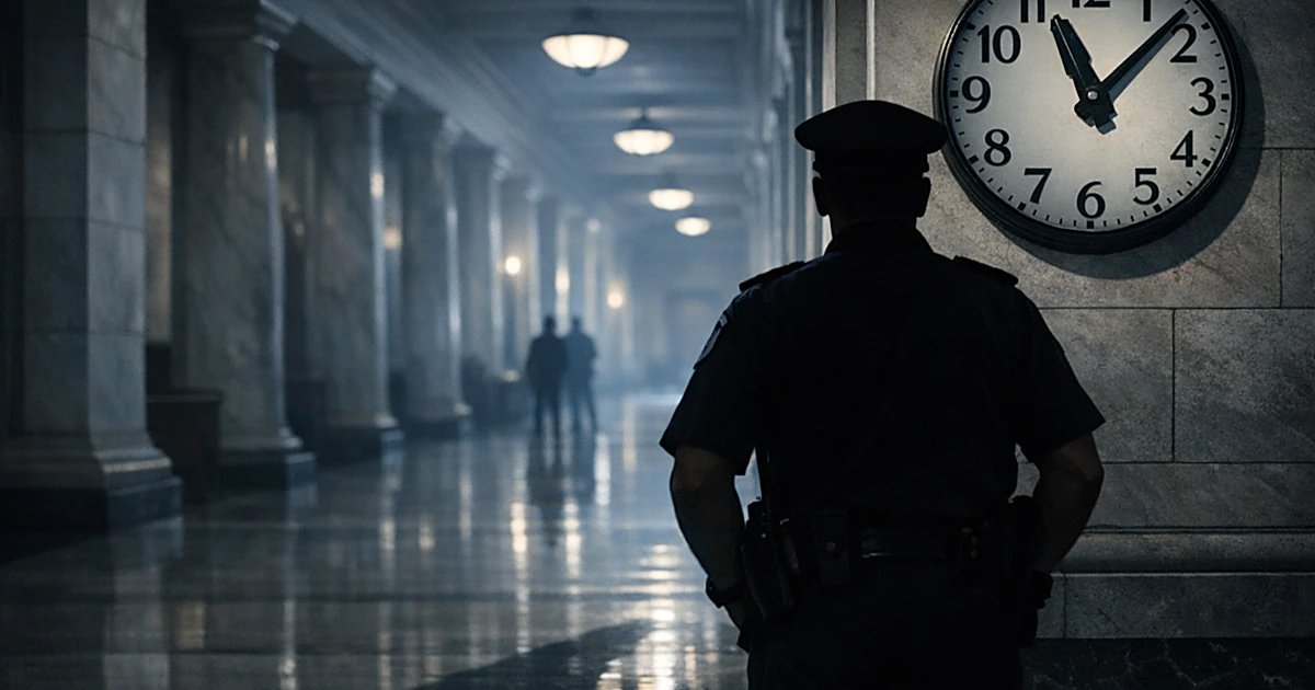 Silhouetted police officer from behind facing institutional hallway with clock, representing extended service years