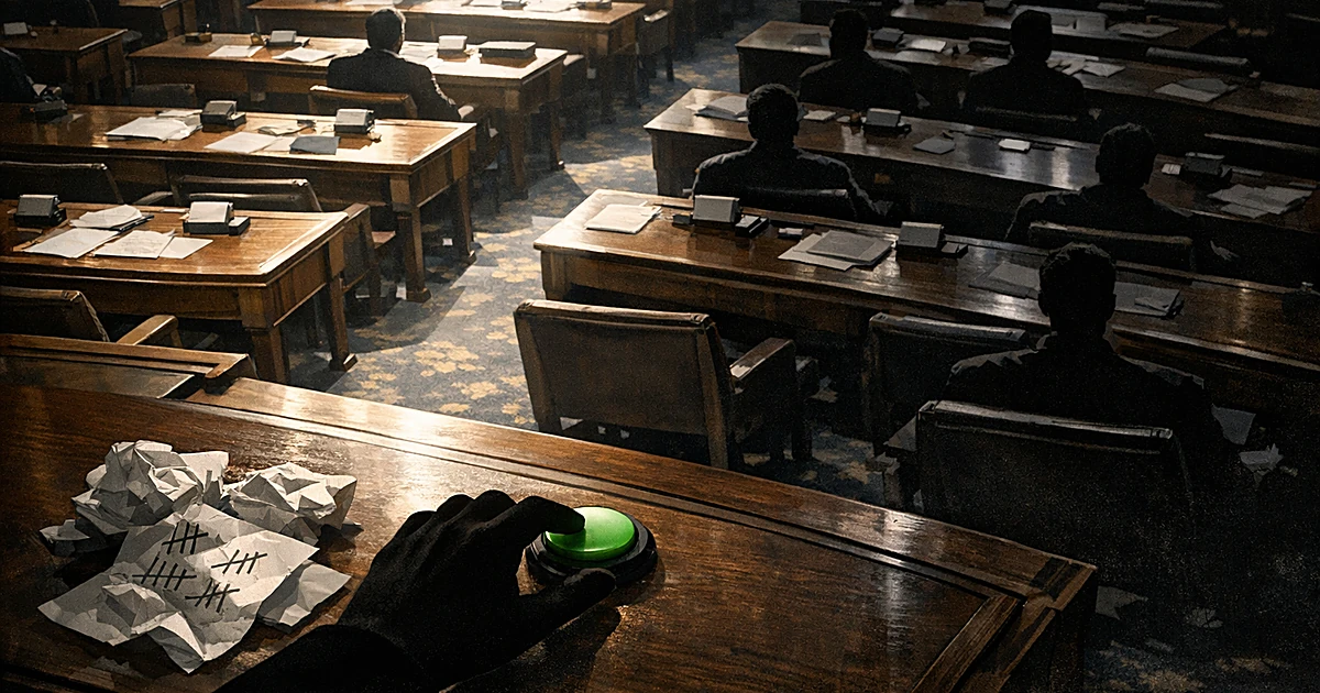 Overhead view of legislative chamber with desks split between light and shadow, silhouetted hand reaching for voting button