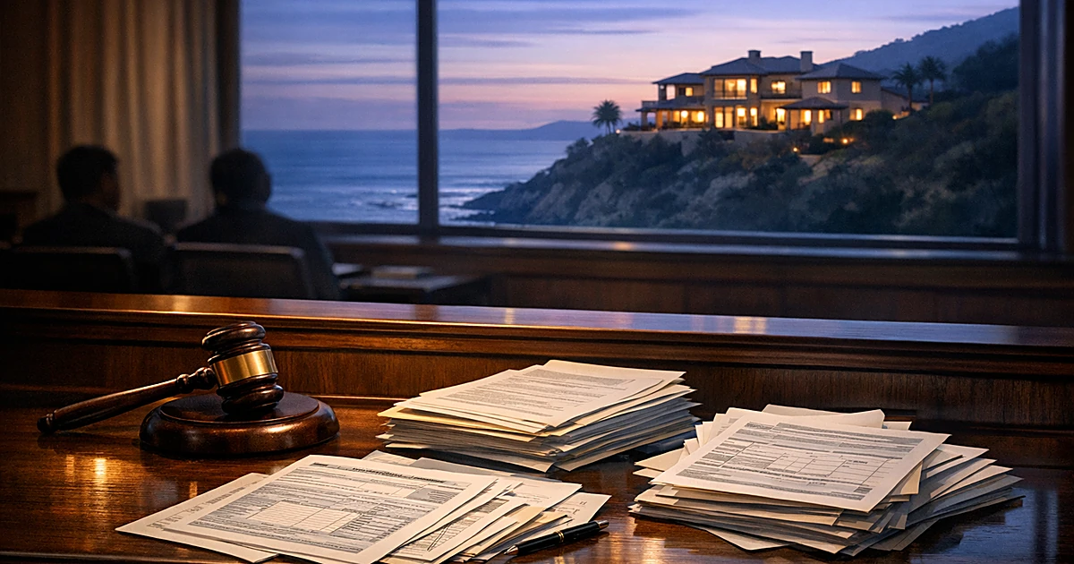 Judge's bench with financial documents and gavel, coastal mansion visible through window in background