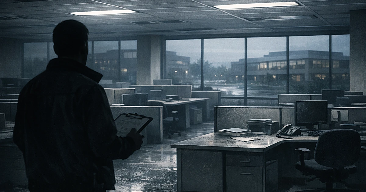 Empty office with vacant cubicles and silhouetted investigator viewing abandoned workspace
