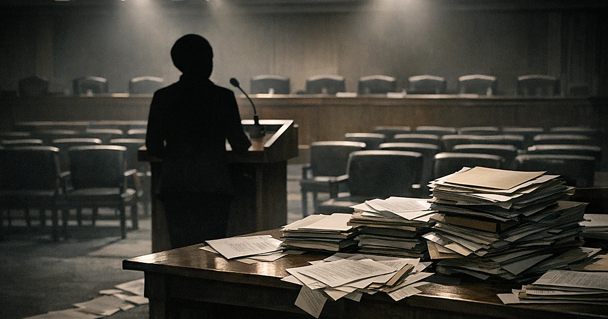 Silhouetted figure at podium in empty hearing room with scattered documents and folders on table