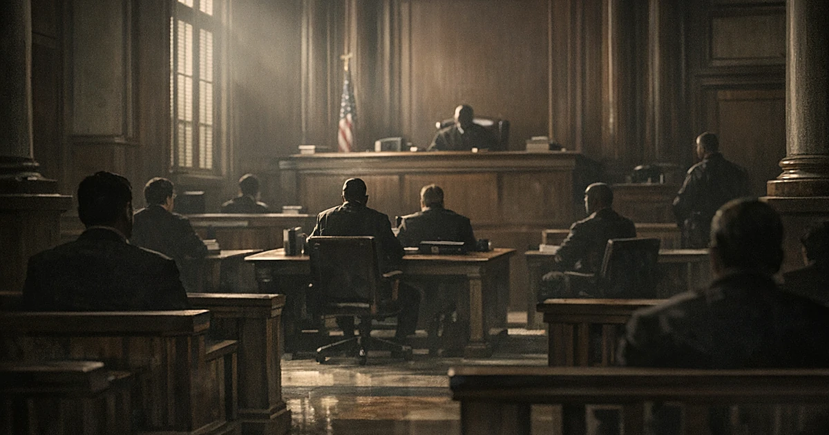 Silhouetted figures in a federal courtroom with dramatic lighting and wooden architectural elements