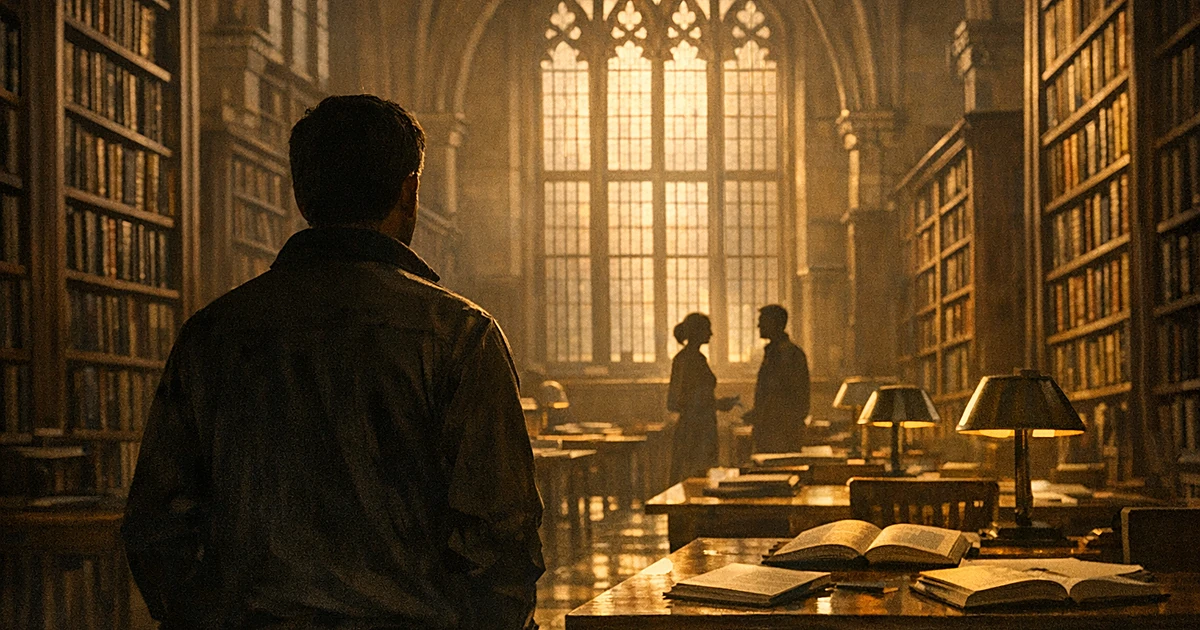 Person from behind in Gothic law library with tall bookshelves and sunlit windows at Yale-style university