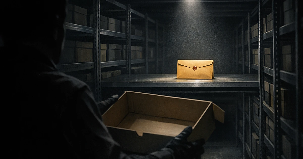 Sealed envelope isolated under light in dark vault while silhouetted hands hold empty evidence box in foreground