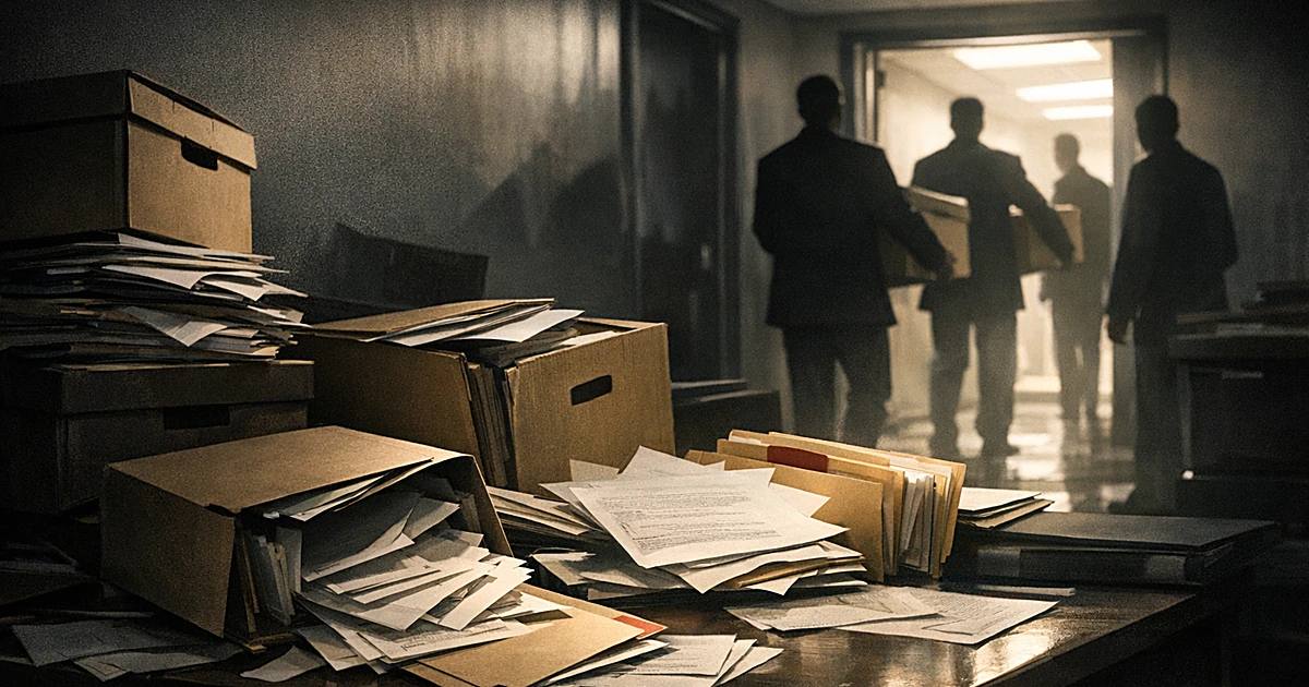Silhouetted figures removing boxes of documents from a shadowy office with scattered files on desk