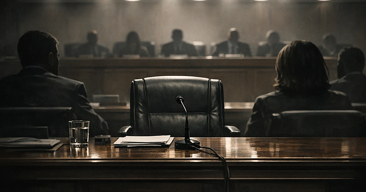 Silhouettes of witnesses seated at congressional hearing table viewed from behind in formal chamber setting