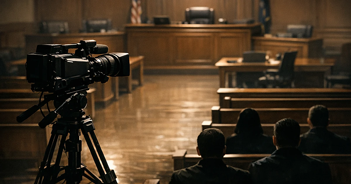 Television camera on tripod positioned in empty courtroom with wooden benches and silhouetted figures in background