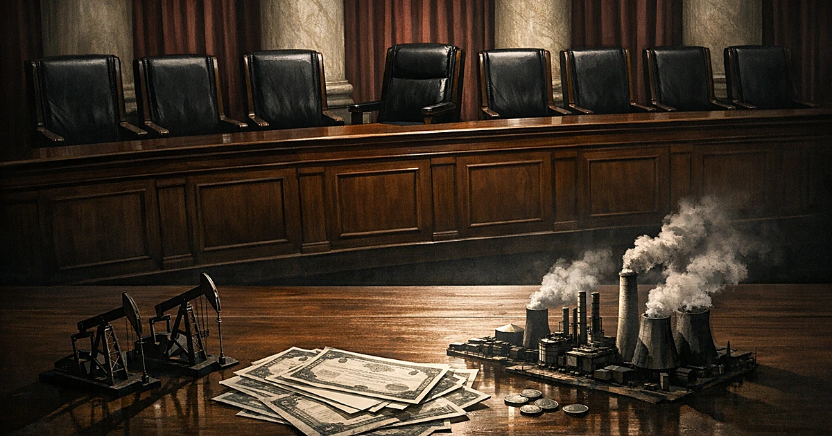 Empty Supreme Court bench with one chair pulled back, surrounded by oil industry symbols and financial documents