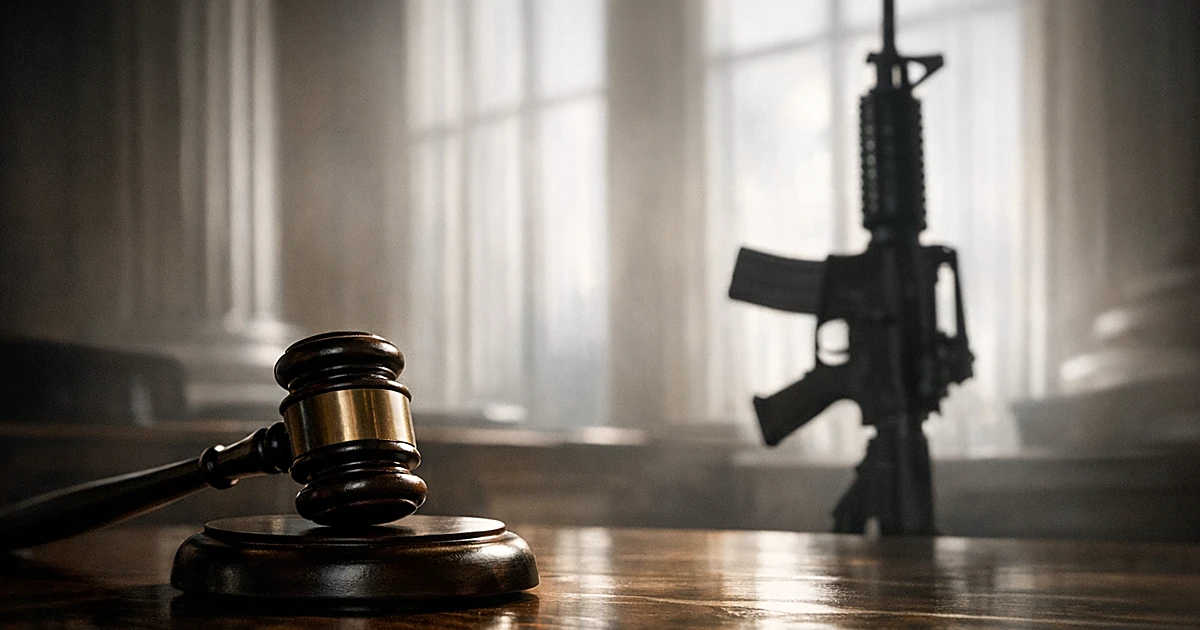 Judge's gavel on bench with silhouette of semiautomatic rifle behind it in courthouse setting with window light