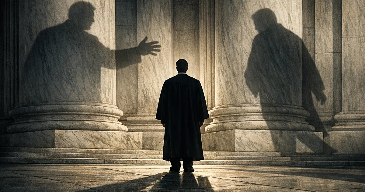 Silhouetted judge in robes stands between courthouse columns with conflicting shadows cast on marble walls