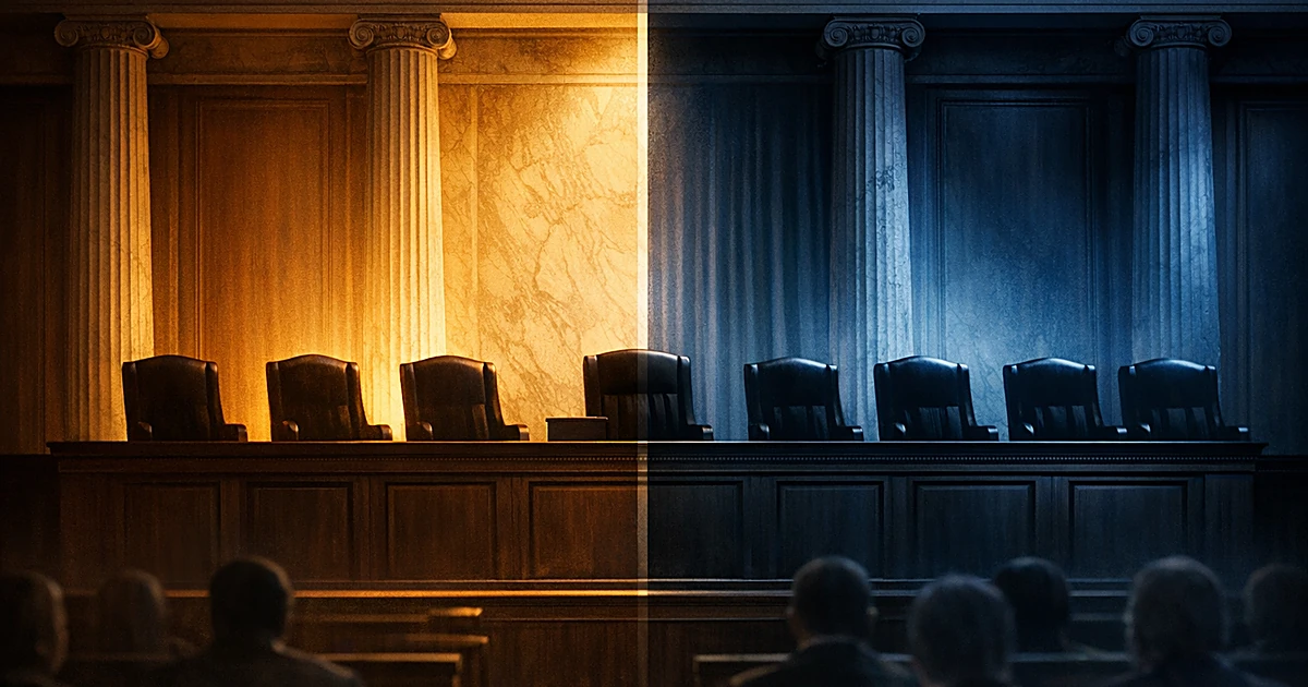 Split-lit courtroom with nine silhouetted judicial chairs divided by contrasting warm and cool lighting