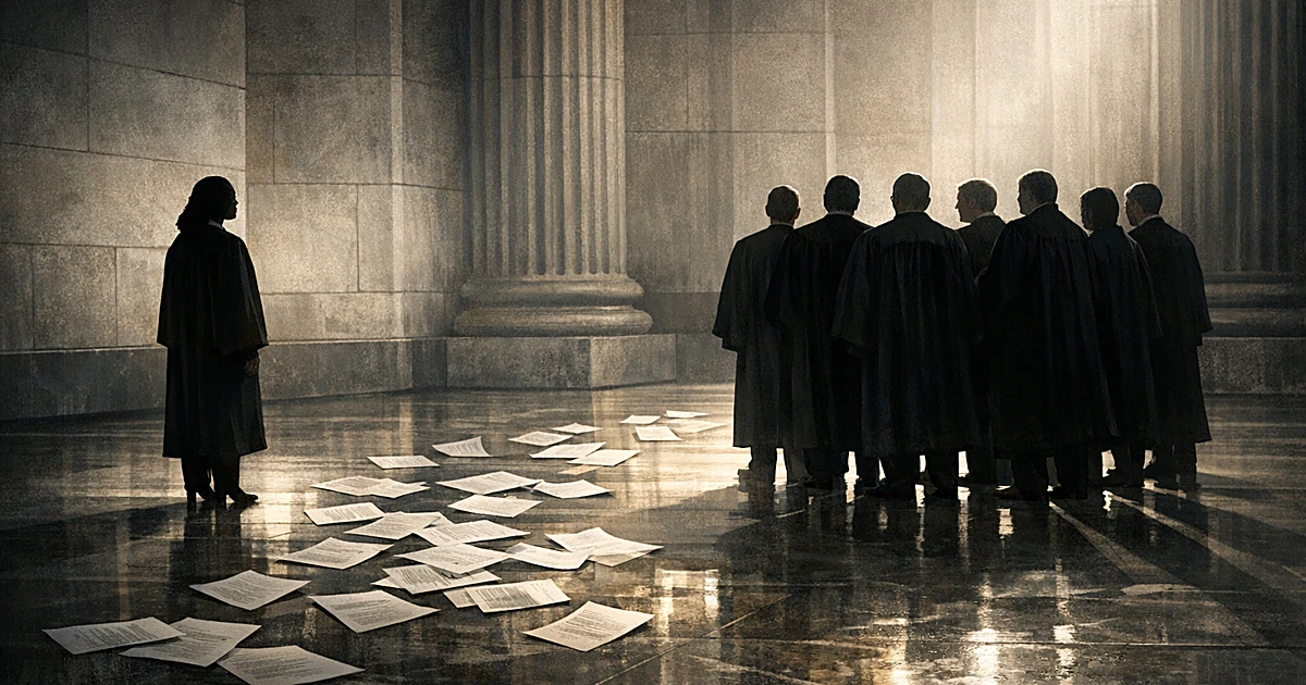 One robed figure stands alone opposite a group of eight robed figures in a marble chamber with scattered papers between