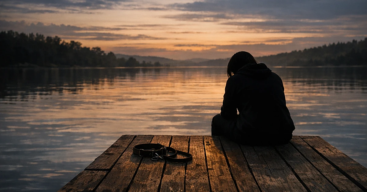 Silhouetted person sitting alone on dock at dusk with dog collar beside them, reflecting on loss