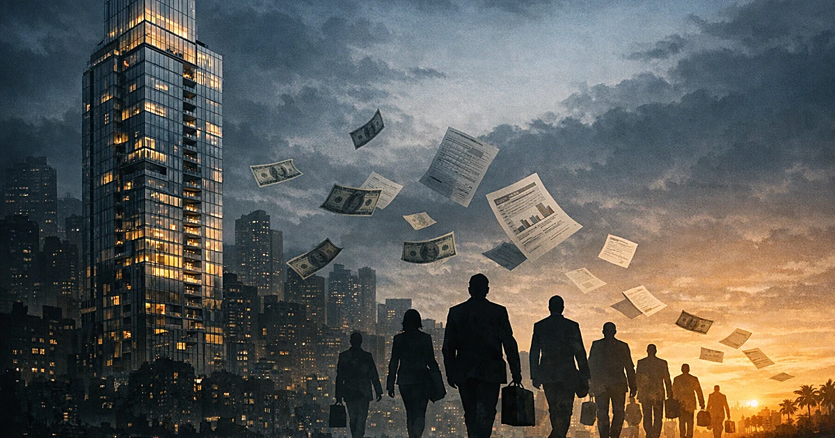Silhouettes of business people walking away from a luxury high-rise tower with floating currency and documents