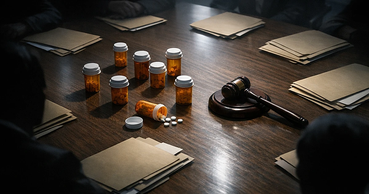 Overhead view of conference table with prescription bottles, folders, and gavel surrounded by shadowed silhouettes