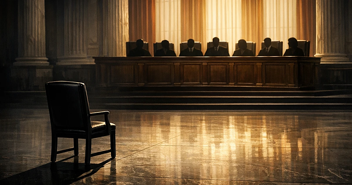 One chair isolated from eight others in a shadowy courtroom, emphasizing separation and division through lighting